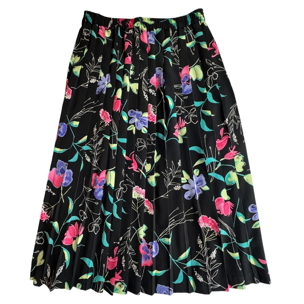 Alfred Dunner Floral Pleated Midi Skirt Womens 10 Black Pink Blue Elastic Waist